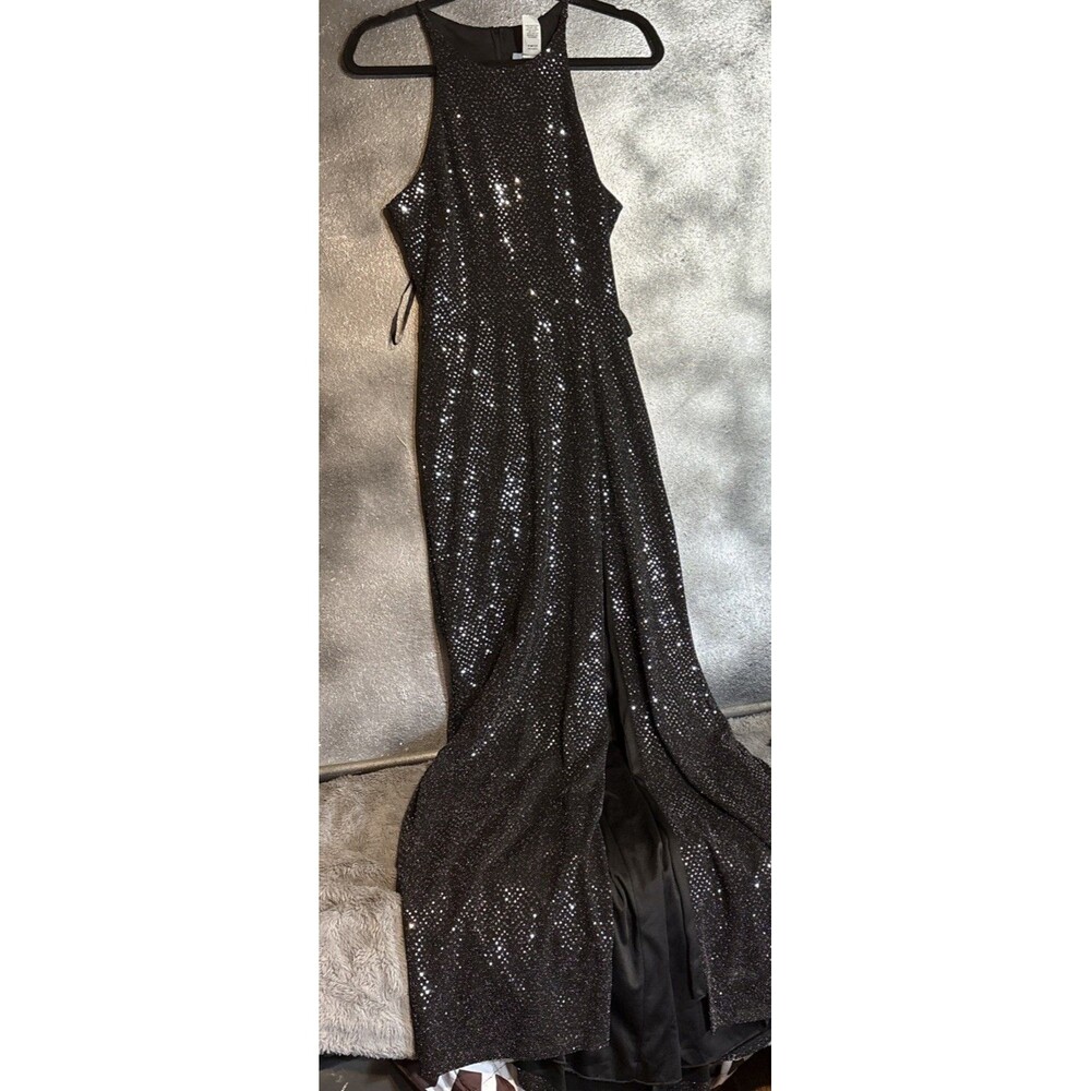 B. Darlin BlackSequin Maxi Dress Open Back Side Slit Formal Evening Gown Glam